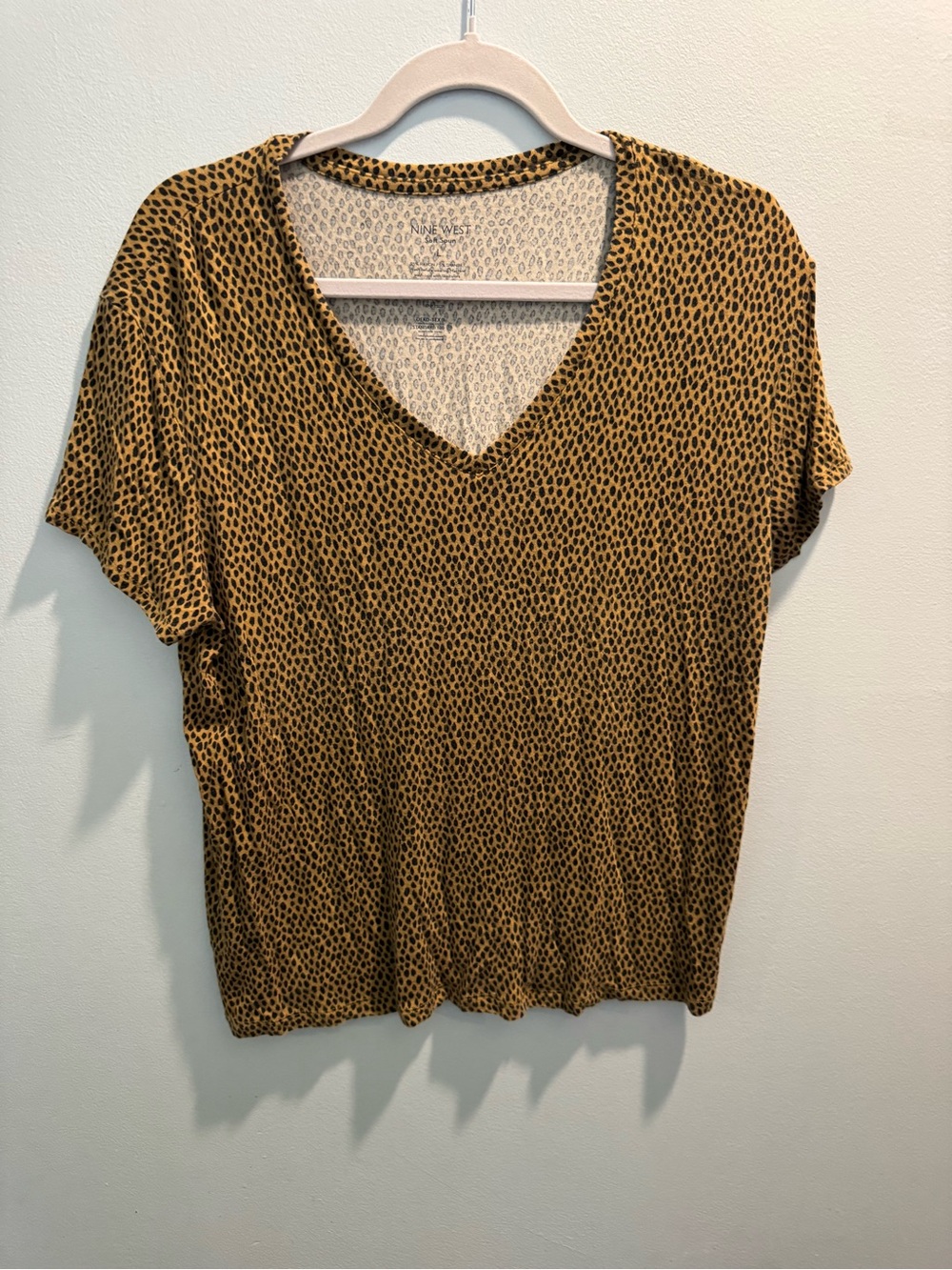 Nine West Short Sleeve V-Neck Top in brown and Black Spot Print leopard print